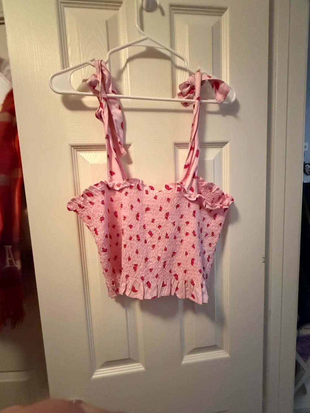 crown & ivy Pink Strawberry Smocked Crop Top with Tie Straps NWT